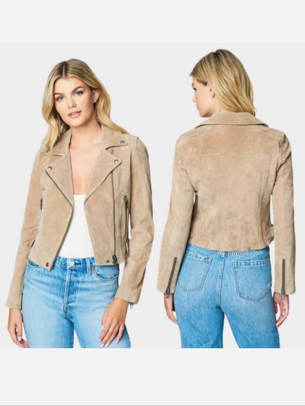 BLANK NYC Bare It All Beige 100% Leather Moto Zipper Jacket Women's Size S